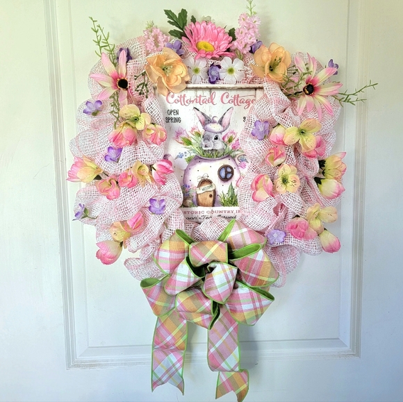Spring Floral Bunny Wreath Bow Wreath Deco Mesh Farmhouse Cottage - Picture 8 of 8